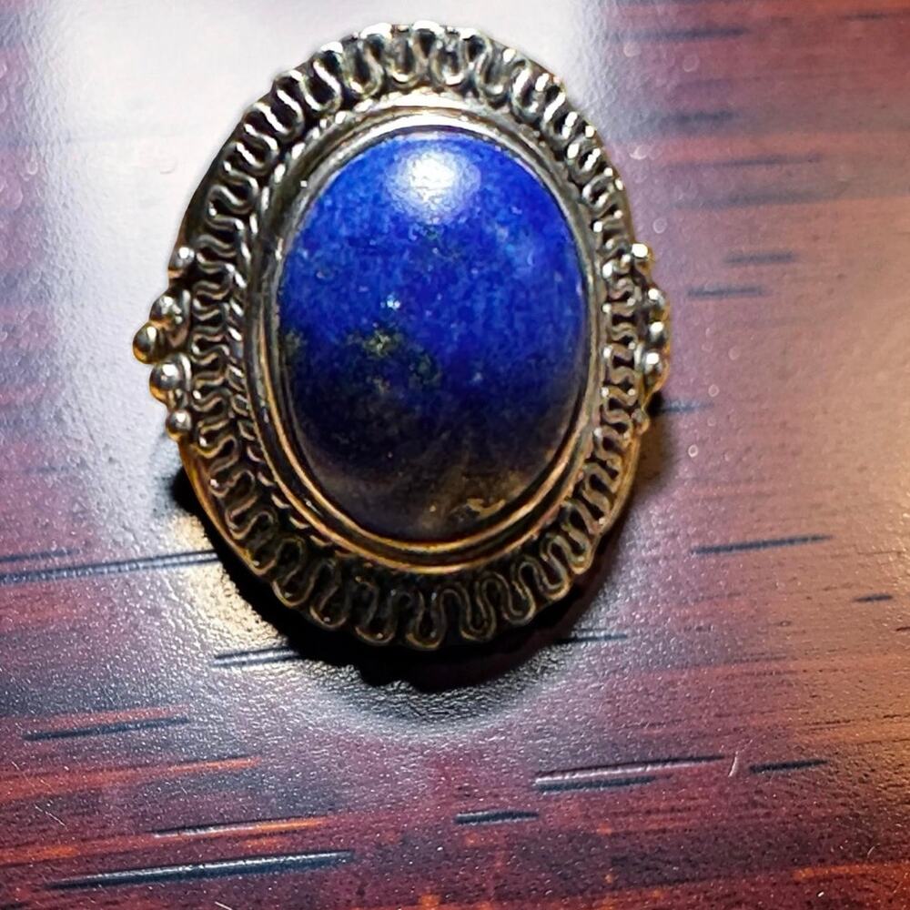 925 Sterling Silver Vintage Real Cabochon Lapis Lazuli Swirl Ring Size 10 - Picture 3 of 4
